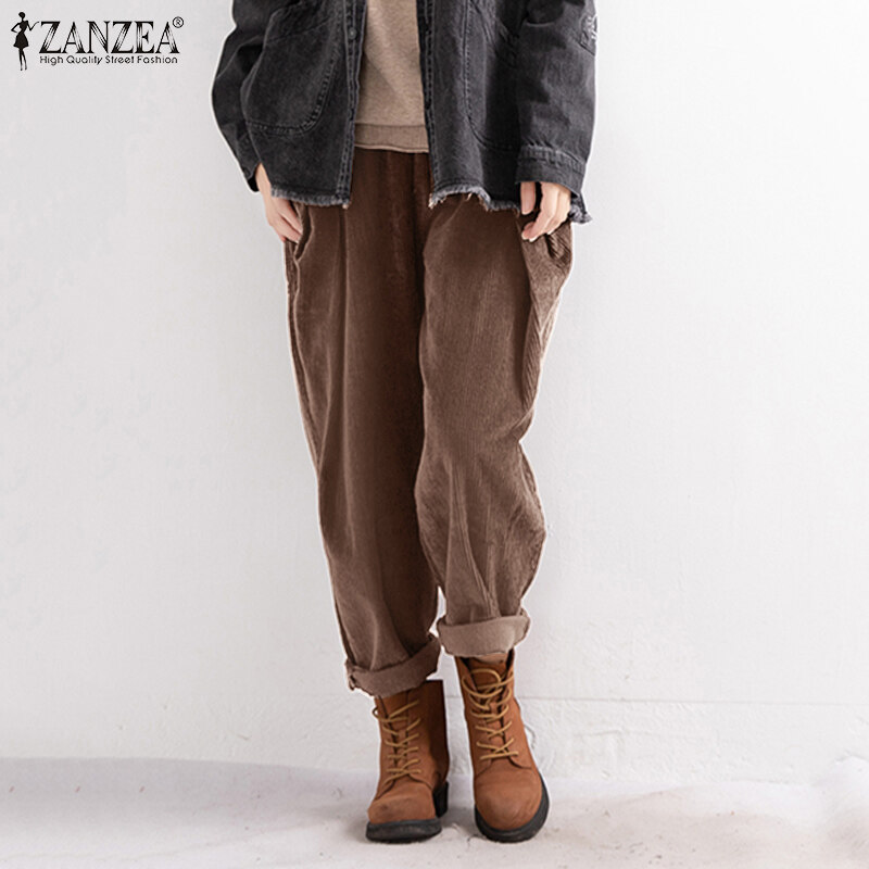 ZANZEA Women Elastic Waist Corduroy Wide Leg Pants Casual Loose Baggy Harem Trousers #8